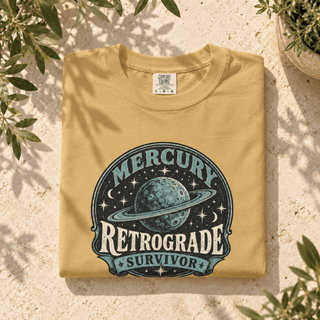 Mercury Retrograde Survivor T-Shirt in Mustard, astrology graphic tee