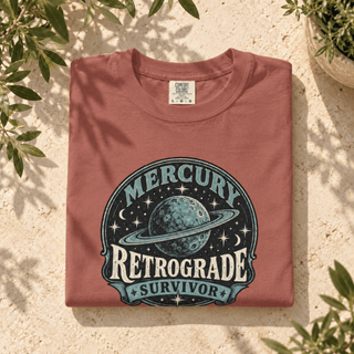 Mercury Retrograde Survivor T-Shirt, garment-dyed celestial graphic tee