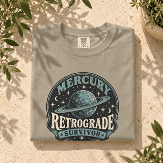 Mercury Retrograde Survivor T-Shirt in Sandstone, astrology graphic tee