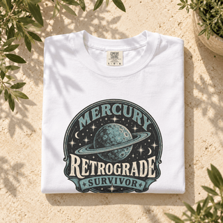 Mercury Retrograde Survivor T-Shirt in White, astrology graphic tee