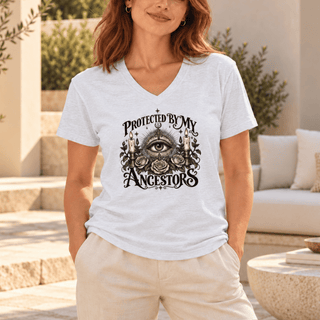 Protected by My Ancestors spiritual V-neck tee, worn view