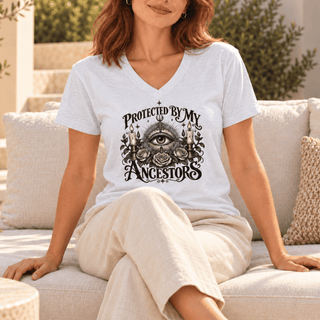 Protected by My Ancestors ancestor V-neck tee with botanical eye graphic