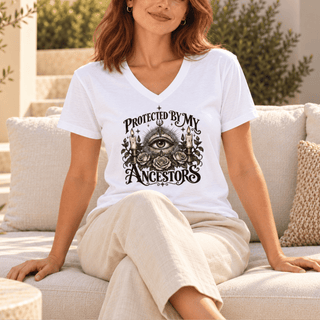 Protected by My Ancestors V-neck tee, close-up of all-seeing eye print