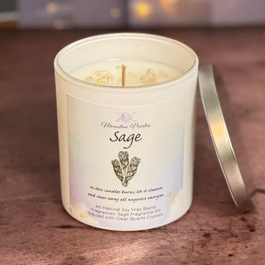 Scented candle in a white container with a label on a wooden surface