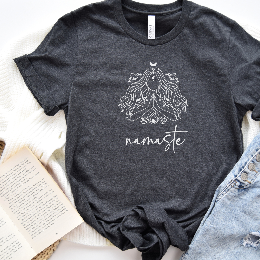 Dark heather namaste shirt for hippy boho