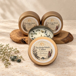 Hedge Witch's Cabinet moss agate crystal candle, 6.4 oz soy candle in a bronze tin