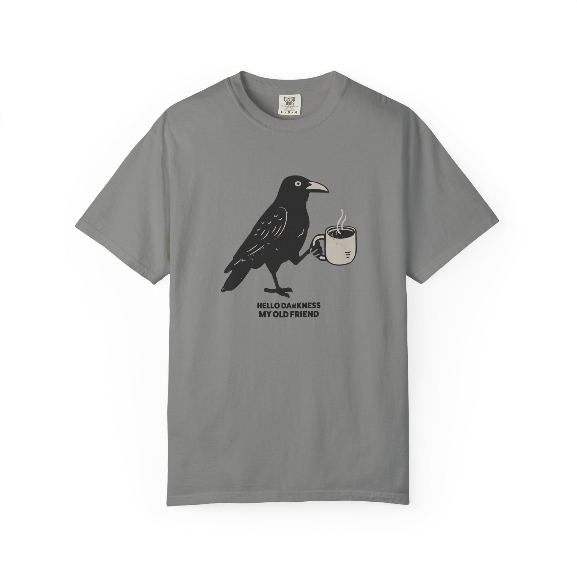 Gray t-shirt with a crow holding a coffee cup graphic and text on a white background