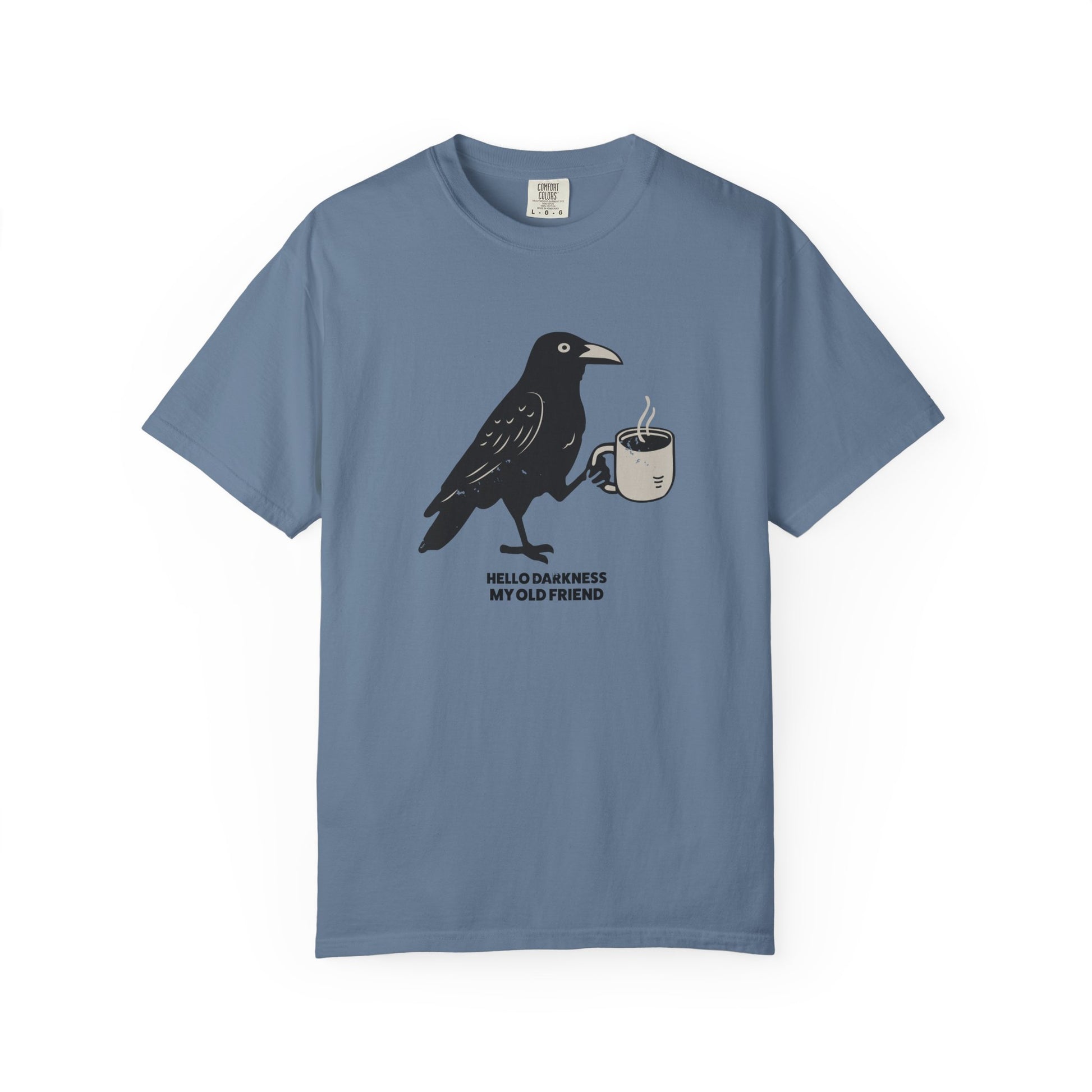 Blue t-shirt with a crow holding a coffee cup graphic and text on a white background