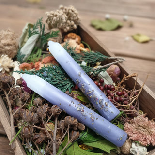 Two purple candles on a bed of dried flowers and leaves.