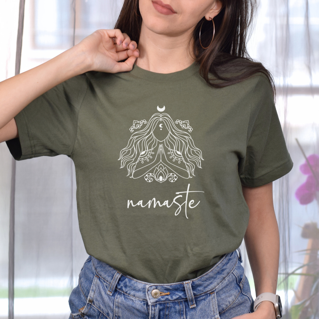 military green tee namaste hippy vibe