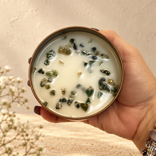 Moonstone Priestess November Candle of the Month: The Hedge Witch's Cabinet with moss agate