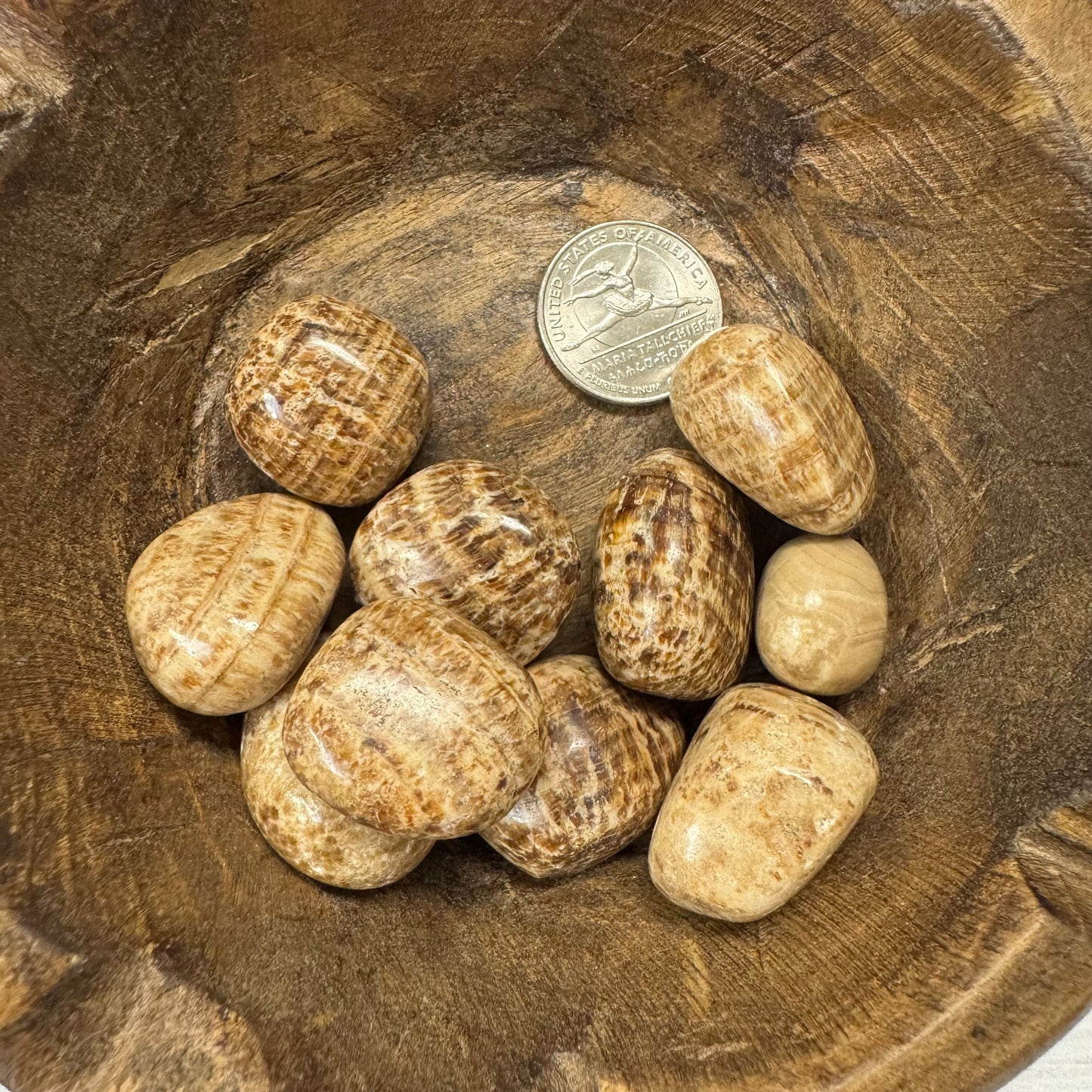 Small stones inside a wooden bowl with a coin for scale