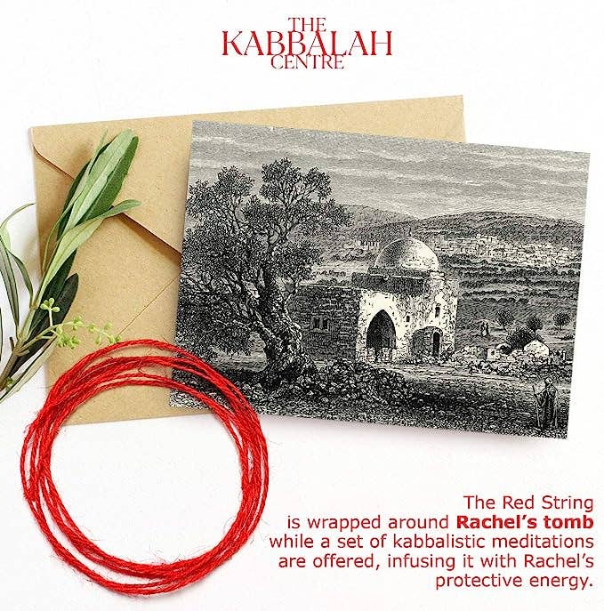 Red string with an illustration of a tomb and 'The Kabbalah Centre' text on a white background