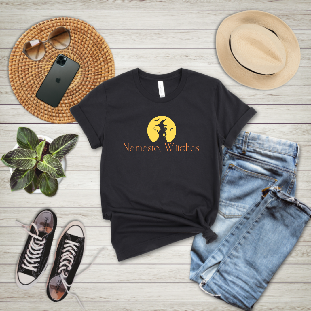 dark gray namaste witches tee