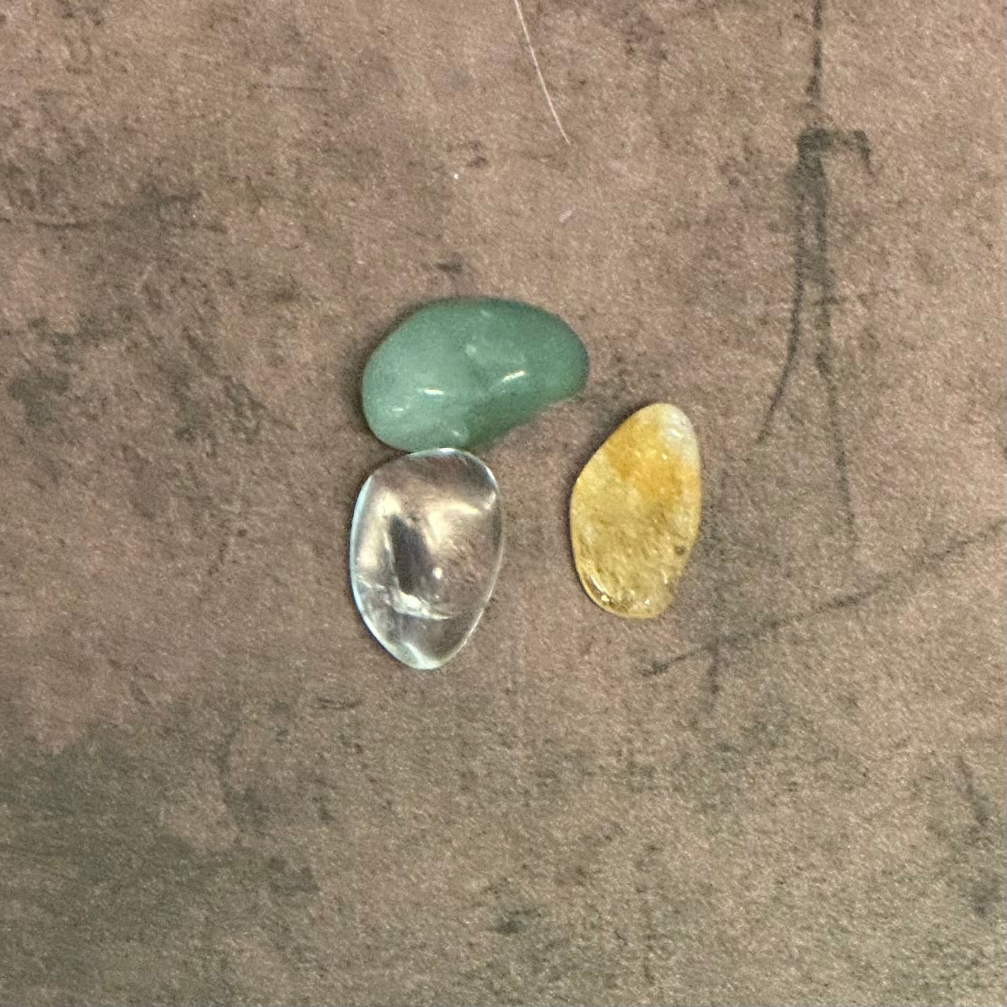 citrine, clear quartz, green aventurine crystals for money