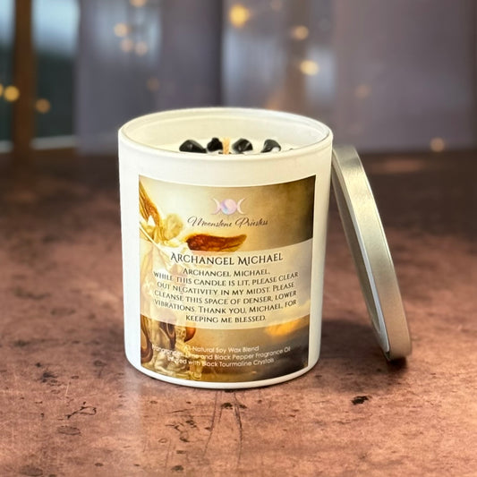 Candle with a label on a wooden surface