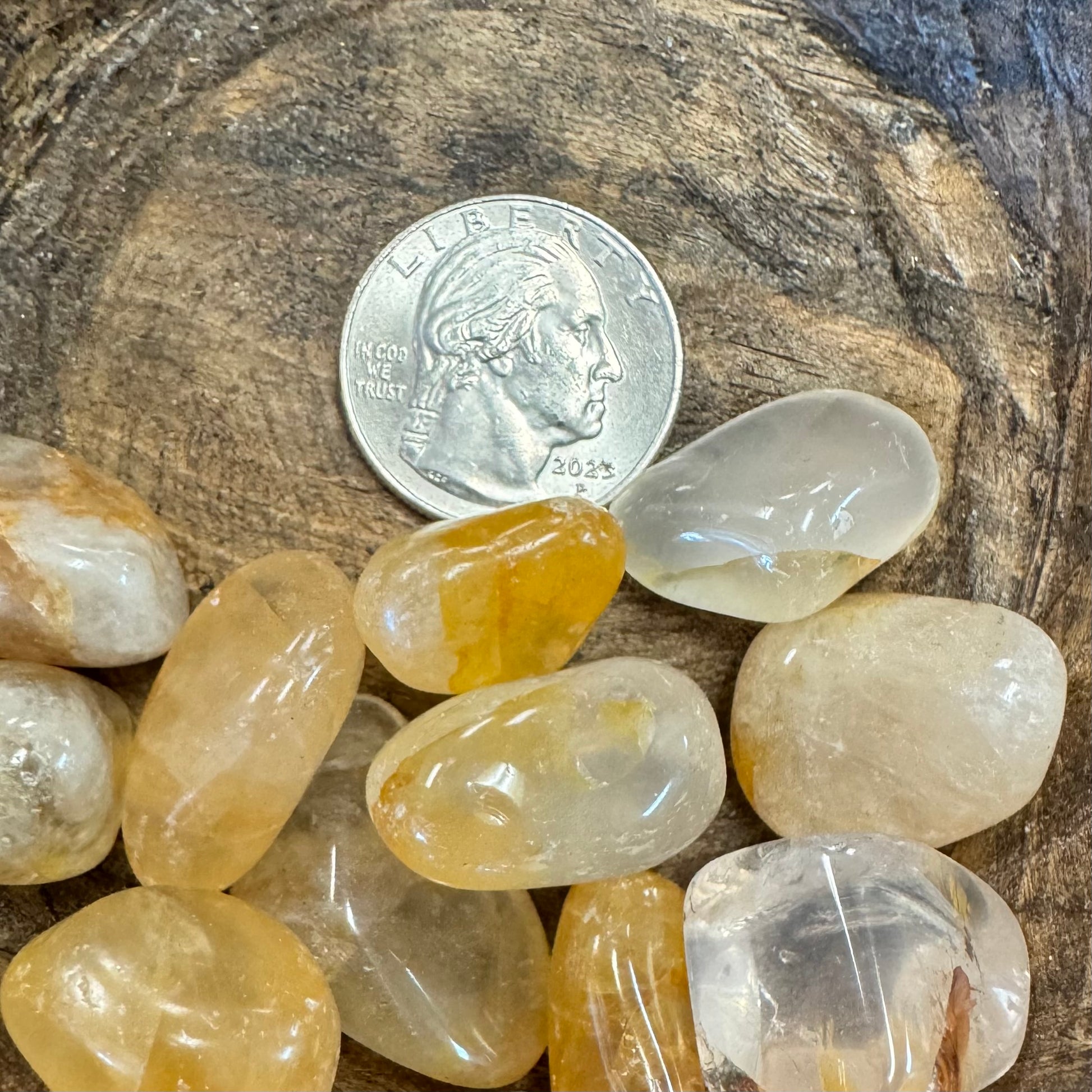 Rocks on a wooden surface with a U.S. quarter coin for scale.