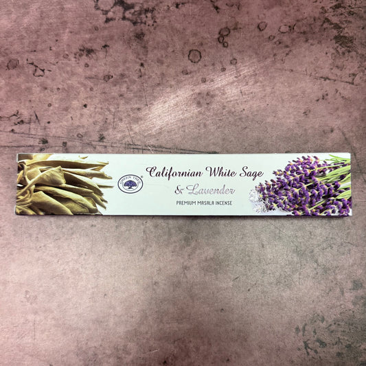 Incense stick box with images of sage and lavender on a textured surface