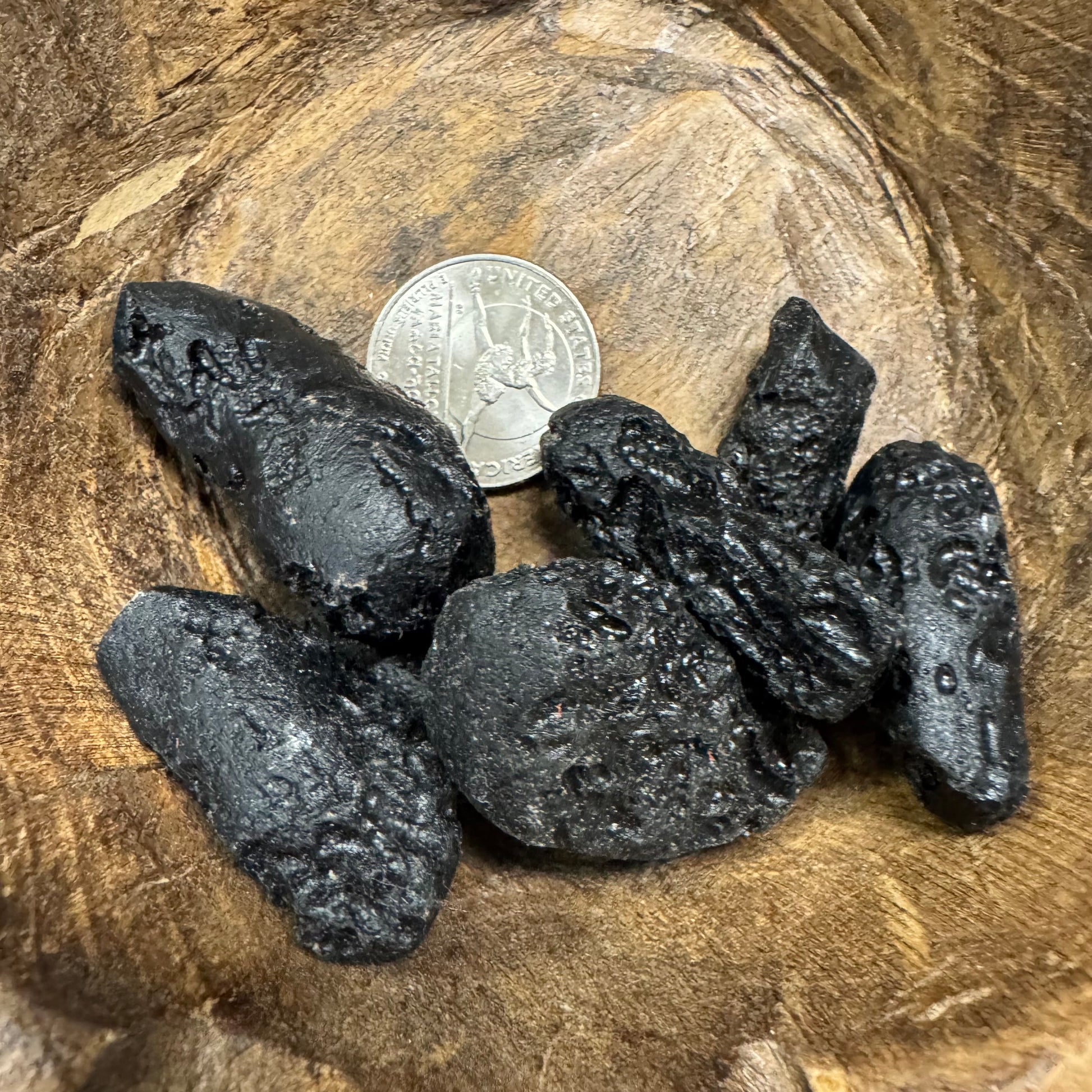 Tektite on a wooden surface with a coin for scale