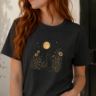Black Heather Moonlit Cat tee with a gold cat among wildflowers under a full moon, shown on a model