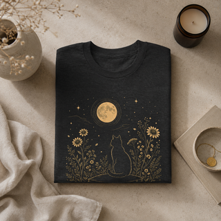 Folded Black Heather Moonlit Cat tee with a gold cat among wildflowers under a full moon, styled with decorative items