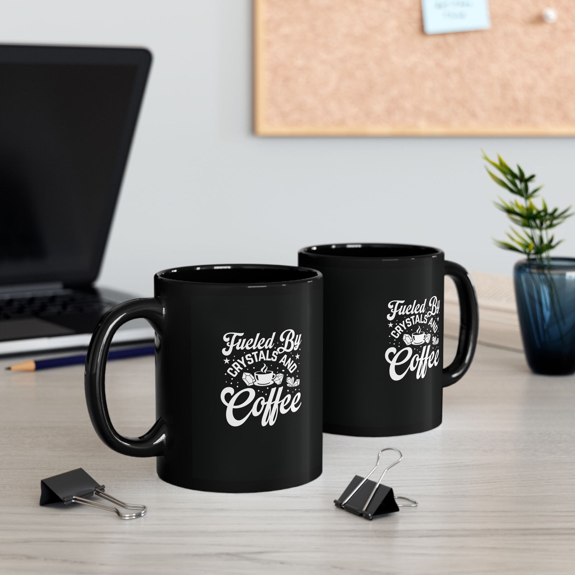 Fueled by crystals and coffee side by side mugs