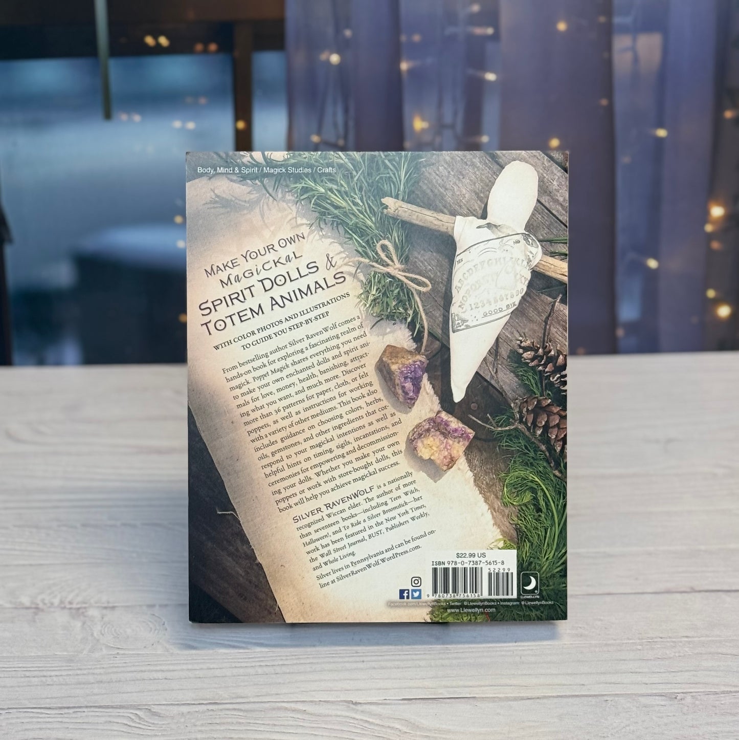 Book cover with text and illustrations on a wooden surface