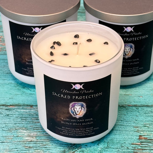 sacred protection candle with hematite crystals without lid