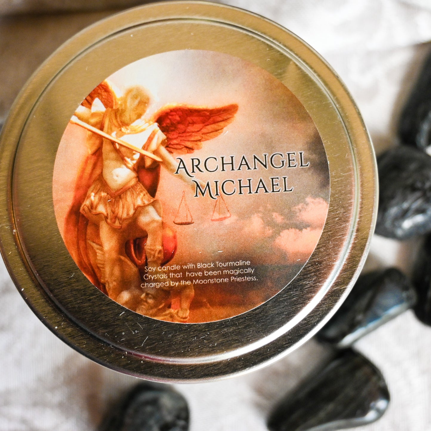 Archangel Michael Magical Candle with Black Tourmaline Crystals Travel Tin