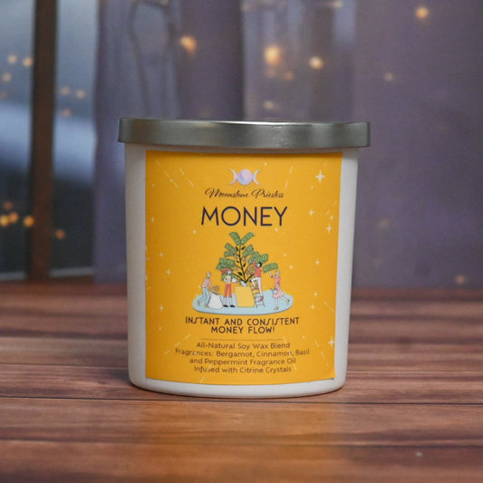 Money candle with citrine crystals