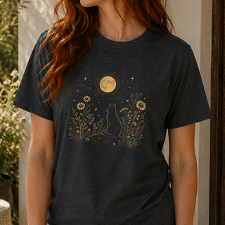 Dark Grey Heather Moonlit Cat tee with a gold cat among wildflowers under a full moon, worn outdoors