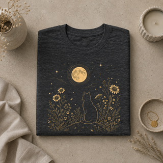 Folded Dark Grey Heather Moonlit Cat tee with a gold cat among wildflowers under a full moon, styled with decorative items