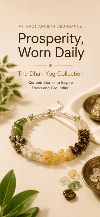 A multicolor beaded yoga bracelet with green, yellow, and white stones, displayed on a cream background with text reading 'Prosperity, Worn Daily' and 'The Dhan Yog Collection'.