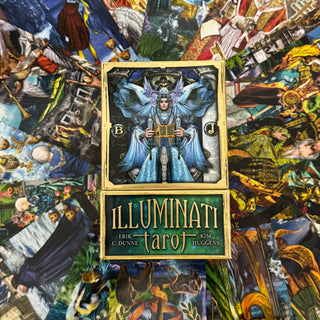 The 'Illuminati Tarot' deck box is centered, showing the front cover art of a winged figure in blue robes and the title 'ILLUMINATI tarot' in gold lettering. The box is placed on top of a highly detailed, busy collage of various tarot card illustrations.