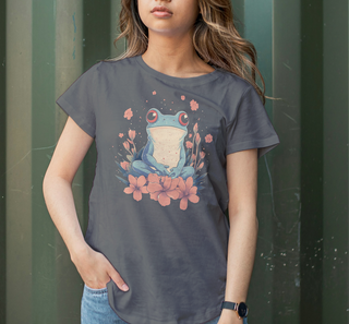 Pepper gray garment-dyed t-shirt with a colorful frog and wildflower graphic against a green background