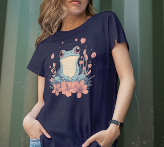 Model wearing a True Navy floral frog graphic tee, close-up of the whimsical cottagecore frog design