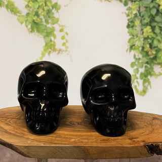 Two black skull-shaped objects on a wooden surface with a light background and greenery.