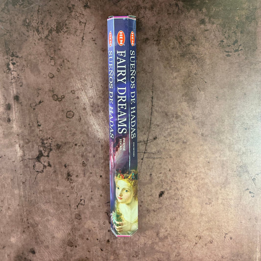 A package of Hem Fairy Dreams stick incense featuring an illustration of a fairy on the front.