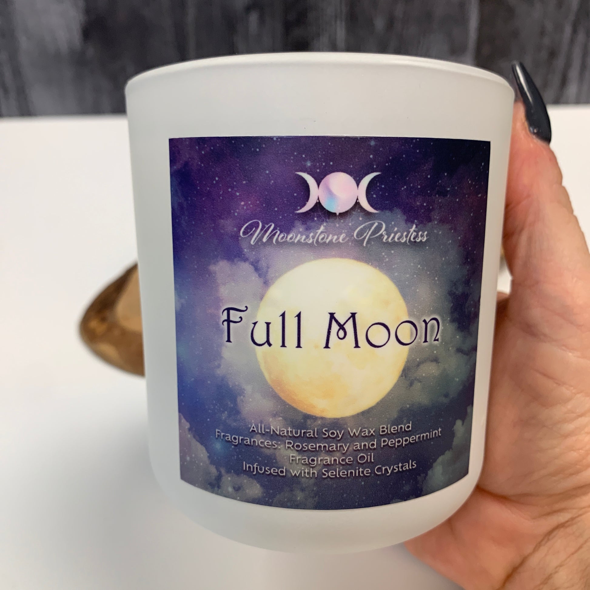 White Full Moon Candle with Selenite