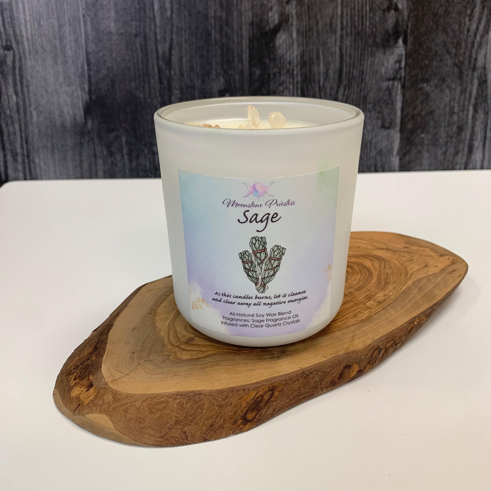 Sage Candle with Clear Quartz Crystal