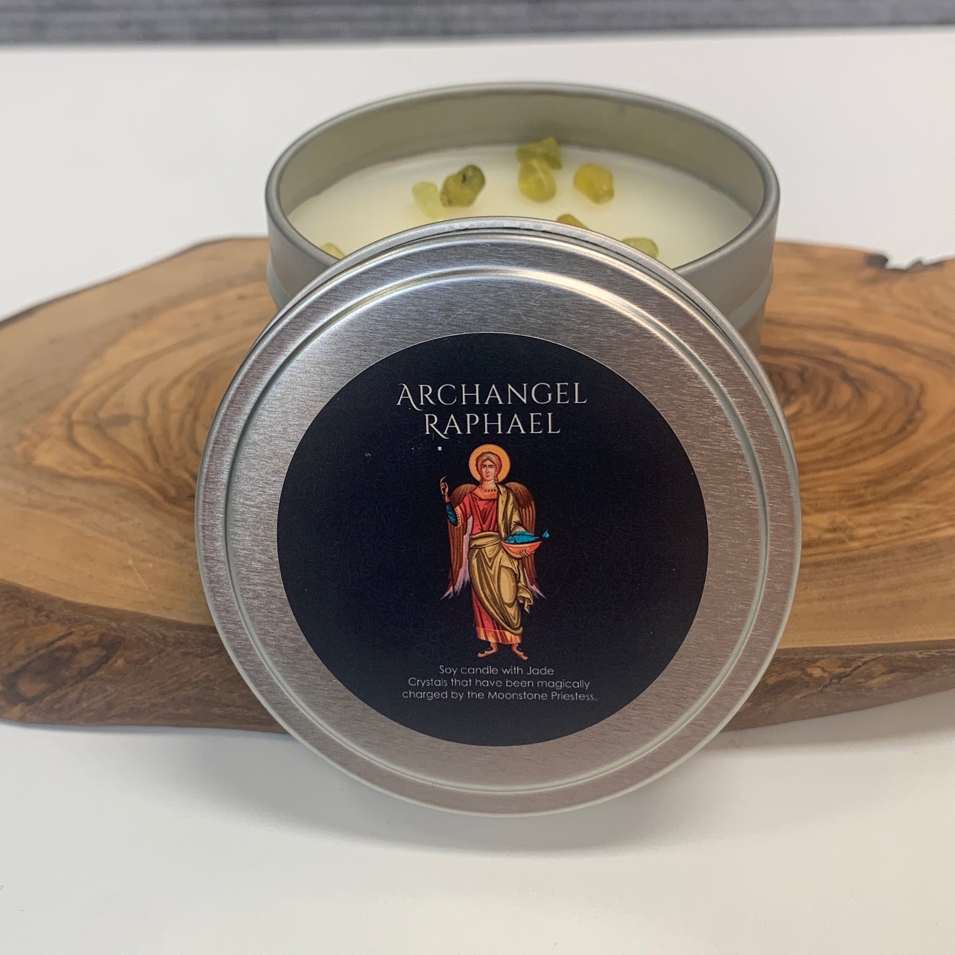 Archangel Raphael Healing Candle with Jade Crystals Travel Tin
