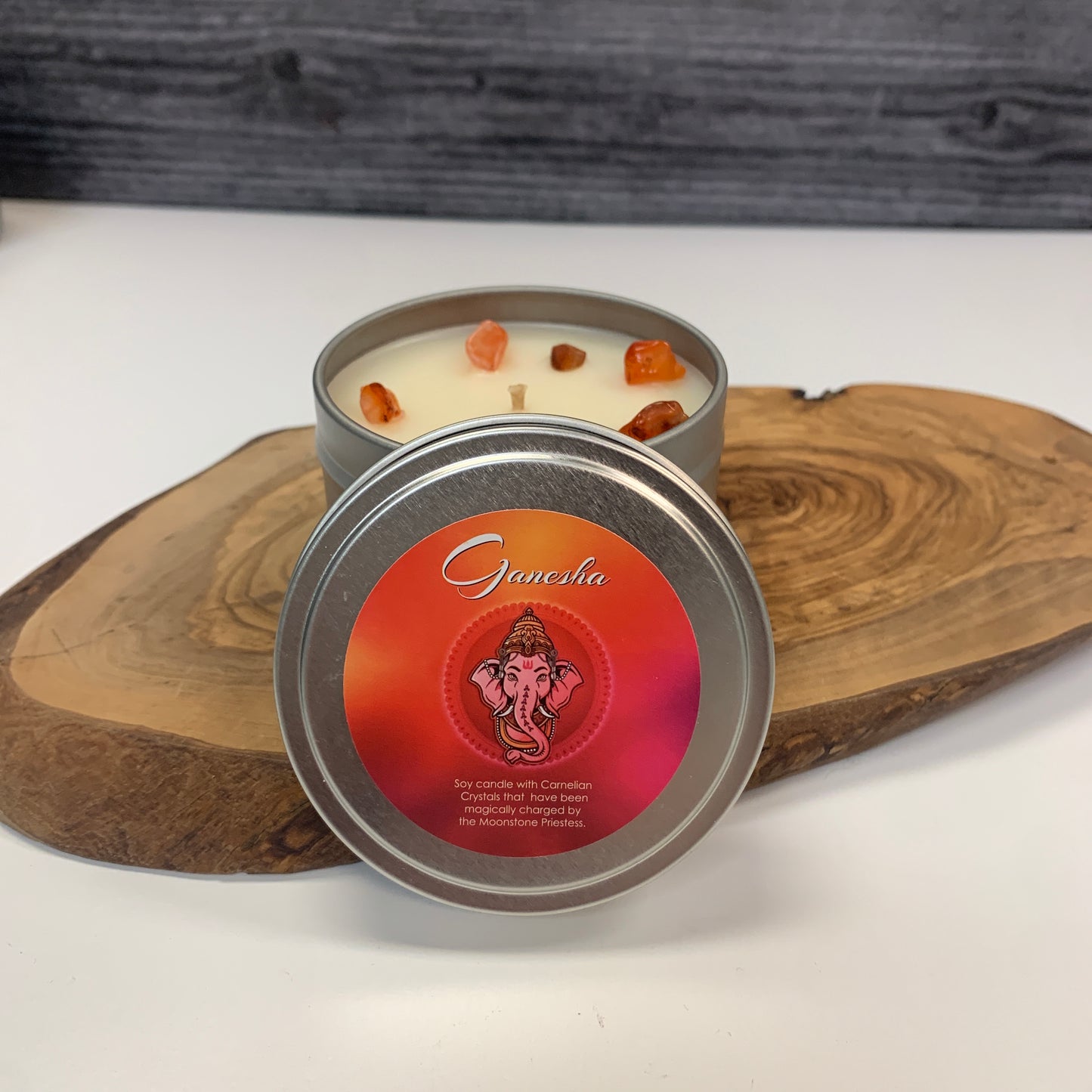 Ganesh Candle with Carnelian Crystals Travel Tin