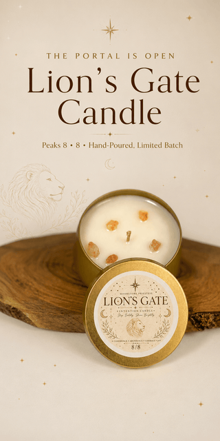 Lion's Gate Candle by The Portal, shown in an open round tin with white wax and small amber pieces, alongside the matching lid on a wooden slab against a warm cream background with decorative text.