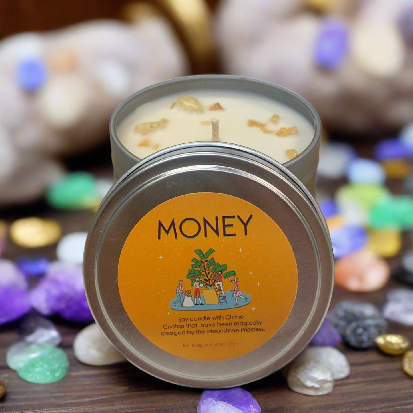 Money Spell Candle with Citrine Crystals Travel Tin
