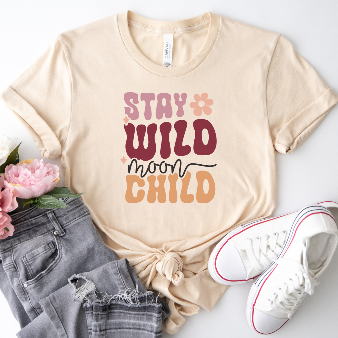 Stay wild moon child soft cream shirt with sneakers