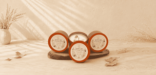 Three round candles in brown containers with cream labels are arranged on a small dark stone tray on a wooden surface. The scene has a warm beige tone with dried plant stems in a vase and soft leaf shadows across the background.