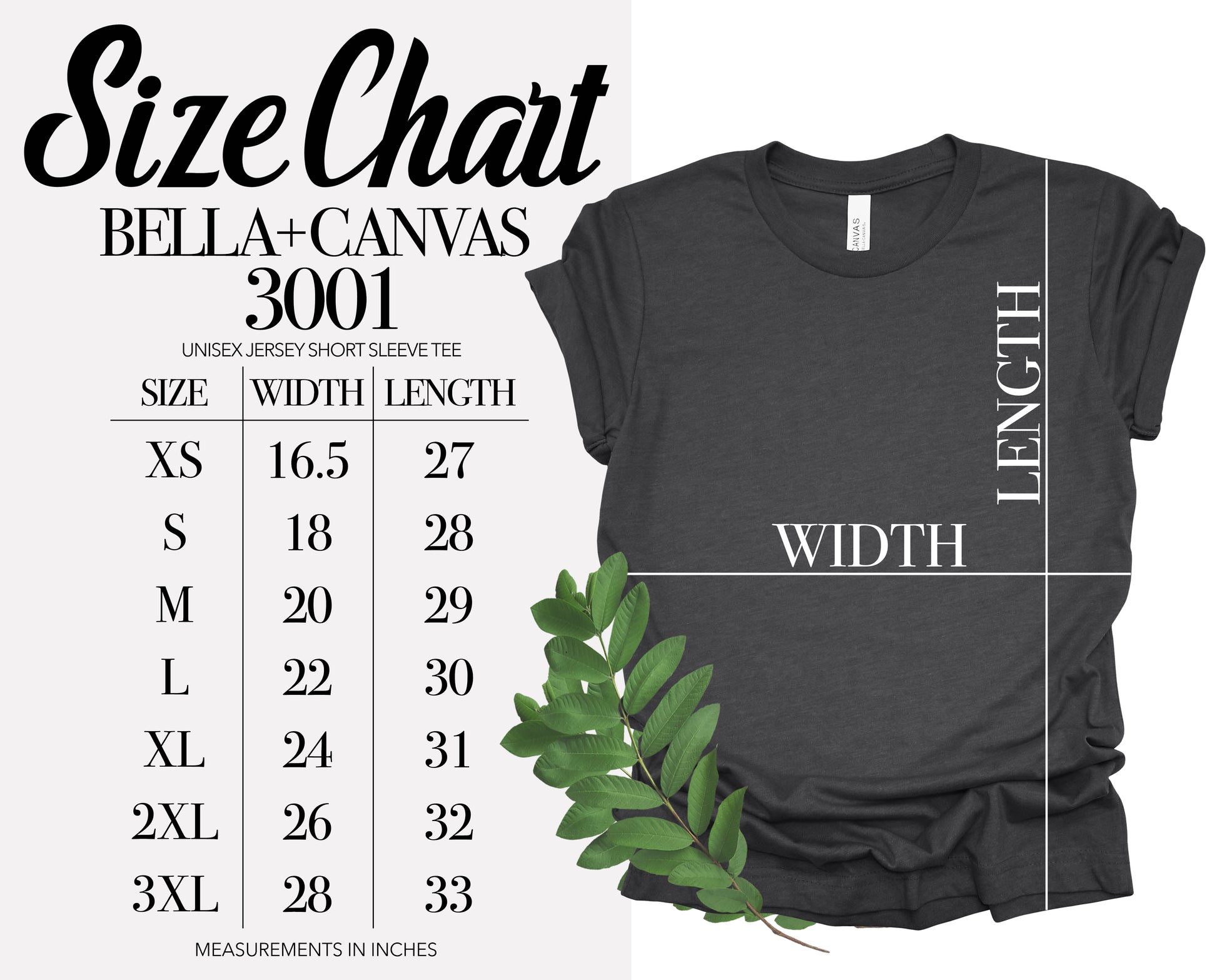 size chart for bella canvas shirt