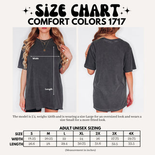 Size chart for a gray t-shirt with measurements and sizing guide.