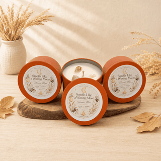Four round candles in orange metal tins are arranged on a wooden slice with dried grass and leaves around them. One tin is open, showing white wax and a waxing moon illustration on the label.