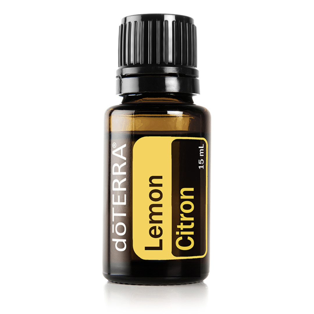 doTERRA Lemon essential oil bottle on a white background